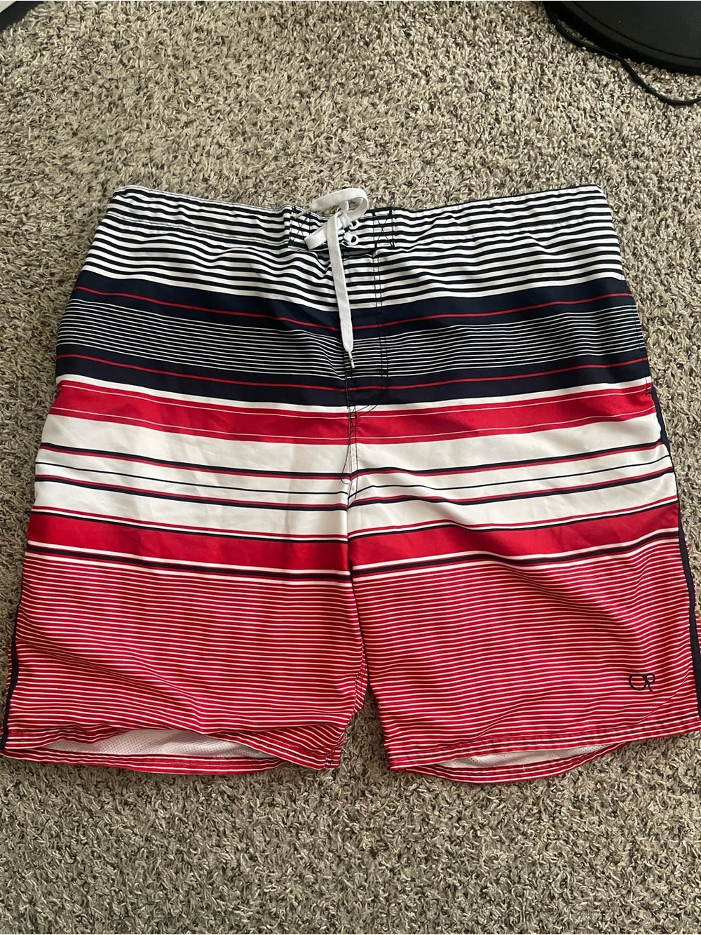 OP Men’s Navy, Red & White Striped Swim Shorts